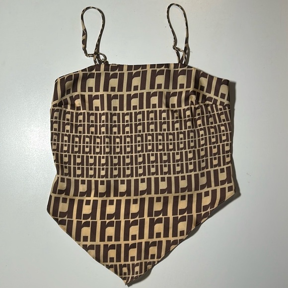 River Island Handkerchief Brown and Tan Crop Top 100% Polyester Sz 2 F - Picture 1 of 5
